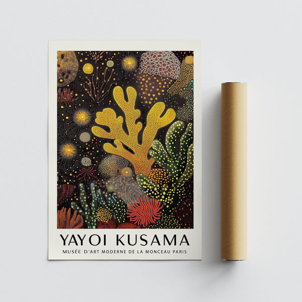 Coral reef painting in gold, red, and green ocean-inspired design.