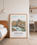 Detailed Prague cityscape wall art poster with bridge arches and clustered houses
