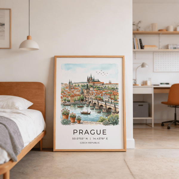 Detailed Prague cityscape wall art poster with bridge arches and clustered houses
