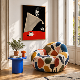 Minimalist wall art print of a man reading at a table with coffee cup and saucer
