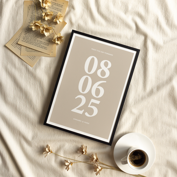 Minimalist Personalized Anniversary Gift art print in Beige and White for modern hallway
