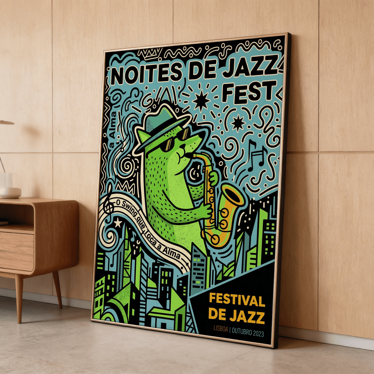 Lisbon Jazz Poster featuring green, blue, and yellow graphic accents