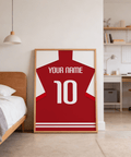 Minimal jersey silhouette wall art print featuring centered number 10 and name line