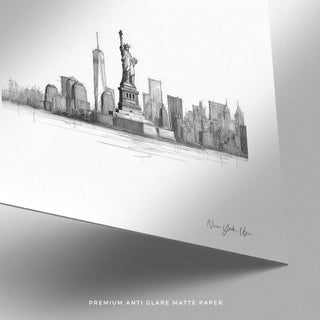 Statue of Liberty print with tall city buildings in square illustration
