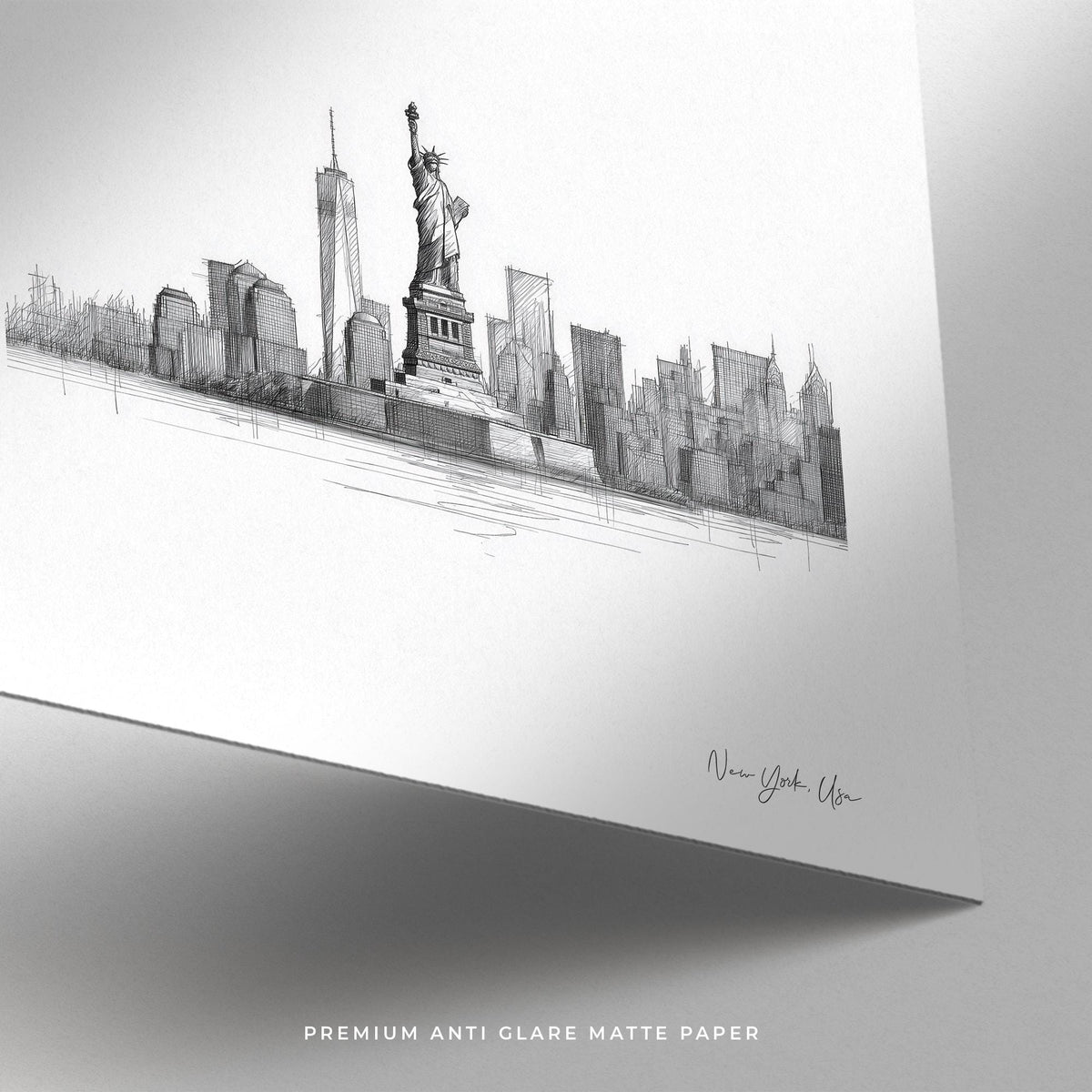 Statue of Liberty print with tall city buildings in square illustration