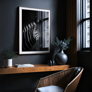 Zebra Black White Print art print with centered zebra head and dark background
