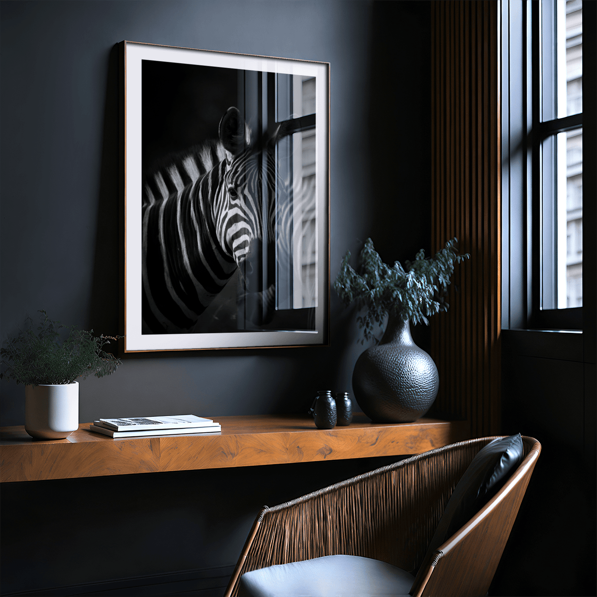 Zebra Black White Print art print with centered zebra head and dark background