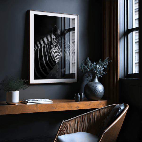 Zebra Black White Print art print with centered zebra head and dark background