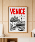 Line-drawn Venice skyline print with basilica domes, campanile, and bridge