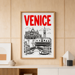 Line-drawn Venice skyline print with basilica domes, campanile, and bridge