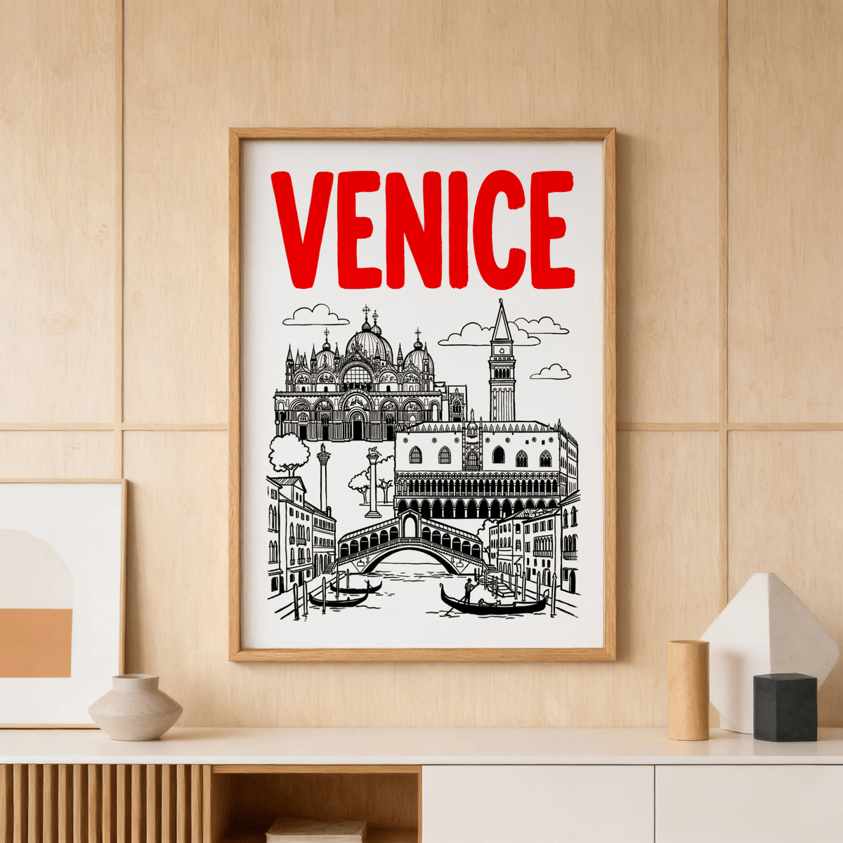Line-drawn Venice skyline print with basilica domes, campanile, and bridge