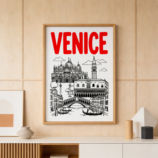 Line-drawn Venice skyline print with basilica domes, campanile, and bridge