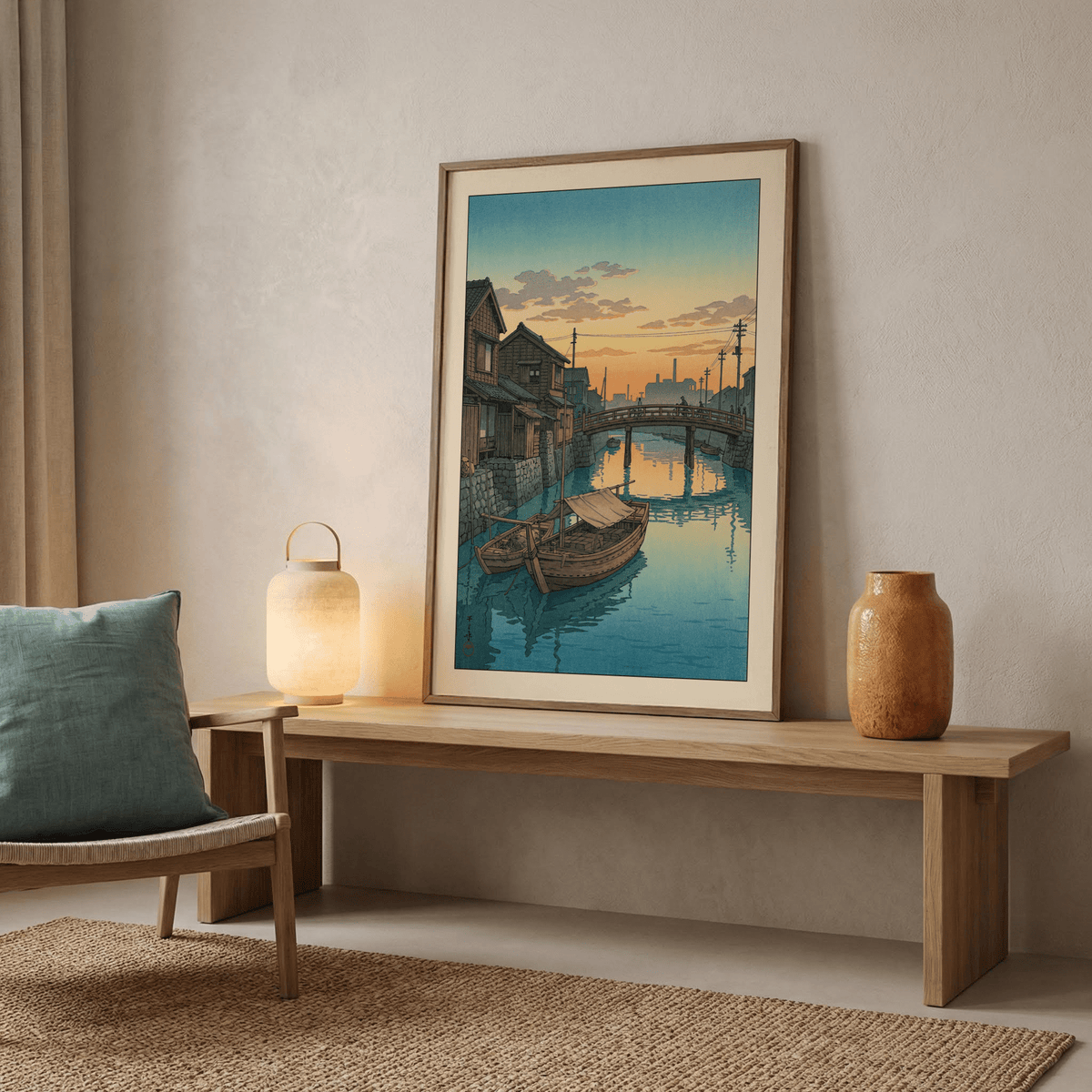 Hasui Kawase boat canal print focusing on rippling water surface