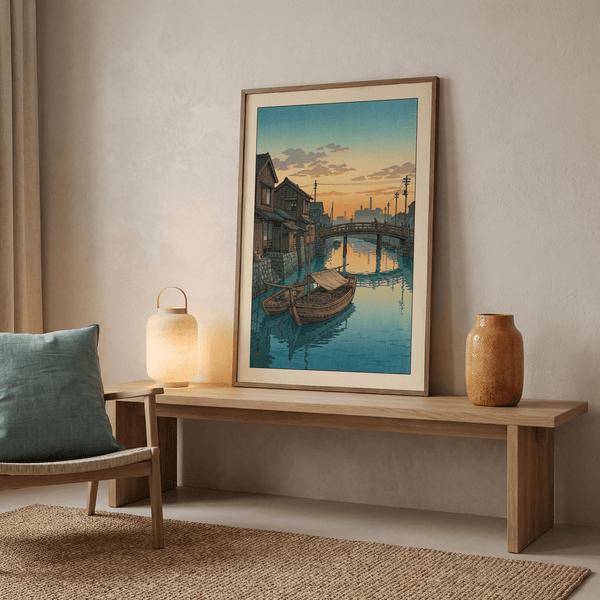 Hasui Kawase boat canal print focusing on rippling water surface