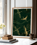 Cranes Gold Art Print framed mockup on bedroom wall