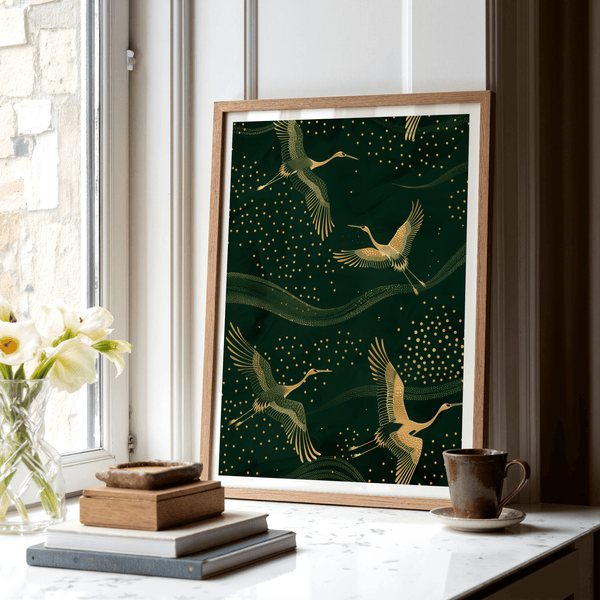 Cranes Gold Art Print framed mockup on bedroom wall