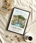 Painterly travel poster of Ljubljana with hilltop castle and old town buildings