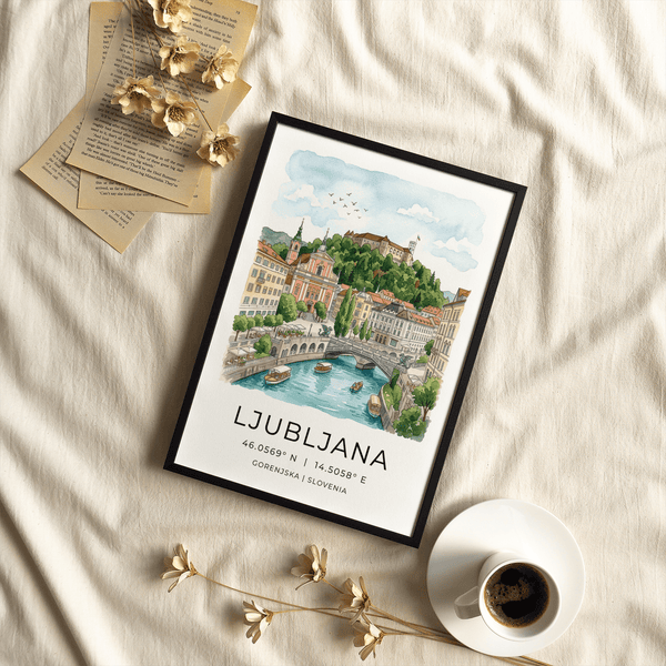 Painterly travel poster of Ljubljana with hilltop castle and old town buildings