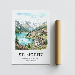 Alpine village wall art print with winding tracks, red train, and chalet houses