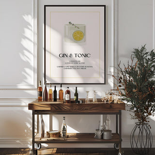 Cocktail poster with lime garnish and gin glass in simple graphic style.