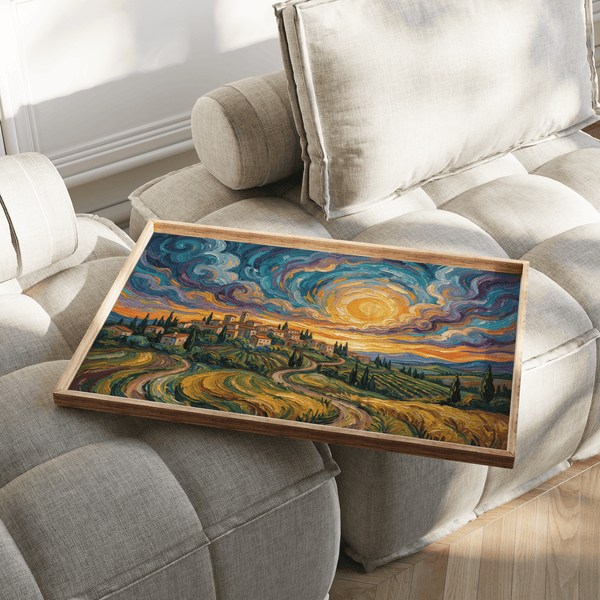 Green and blue Sunset Scenery Wall Art print for hallway wall art