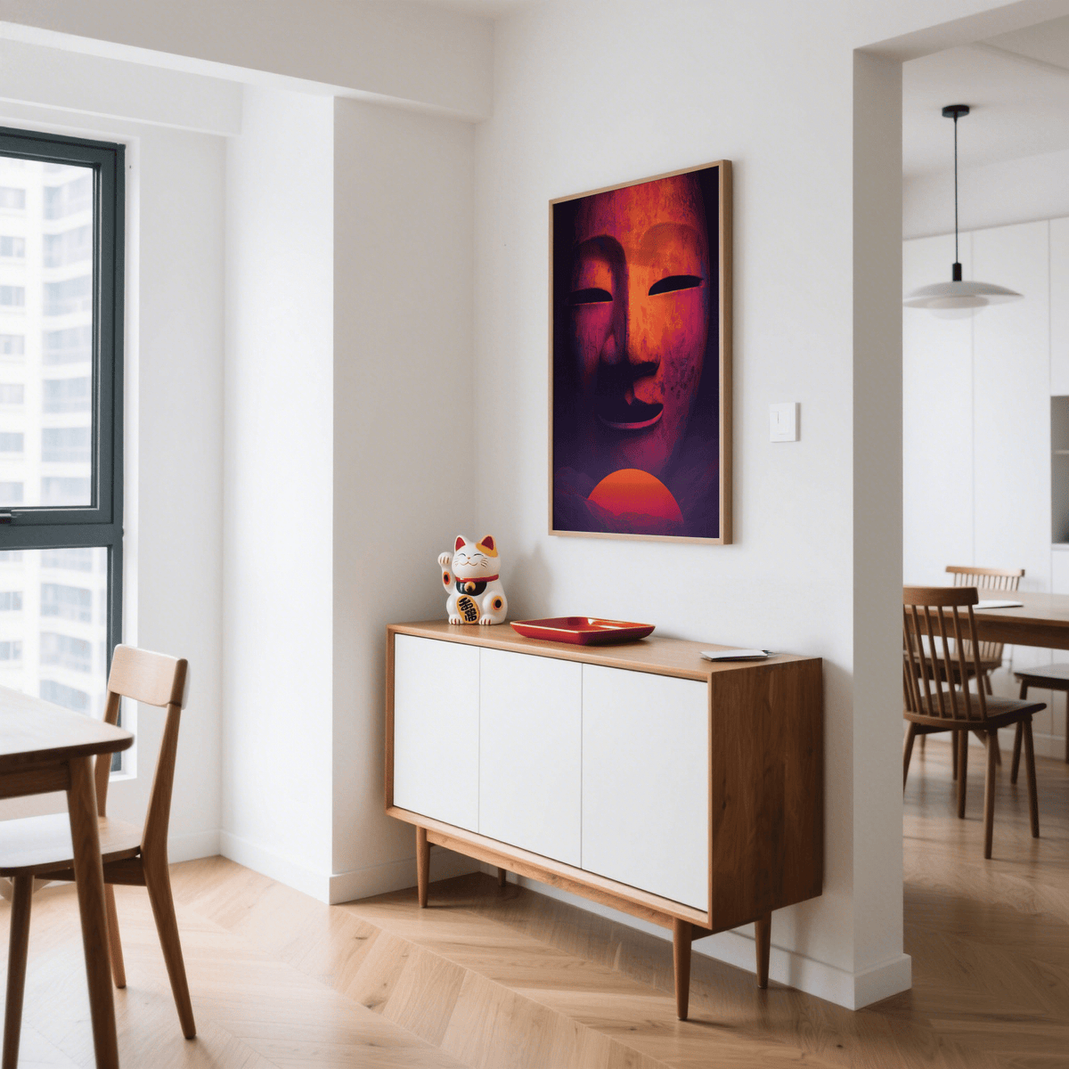 Red Dreamy Mask Wall Art as unique poster for relaxation space