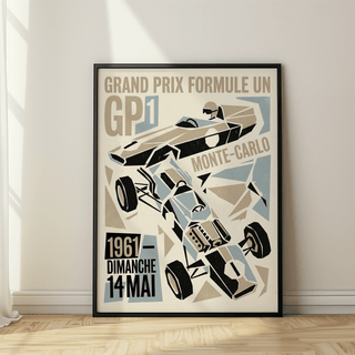 Depicting a retro Grand Prix print poster with diagonal race car and layered geometric shapes