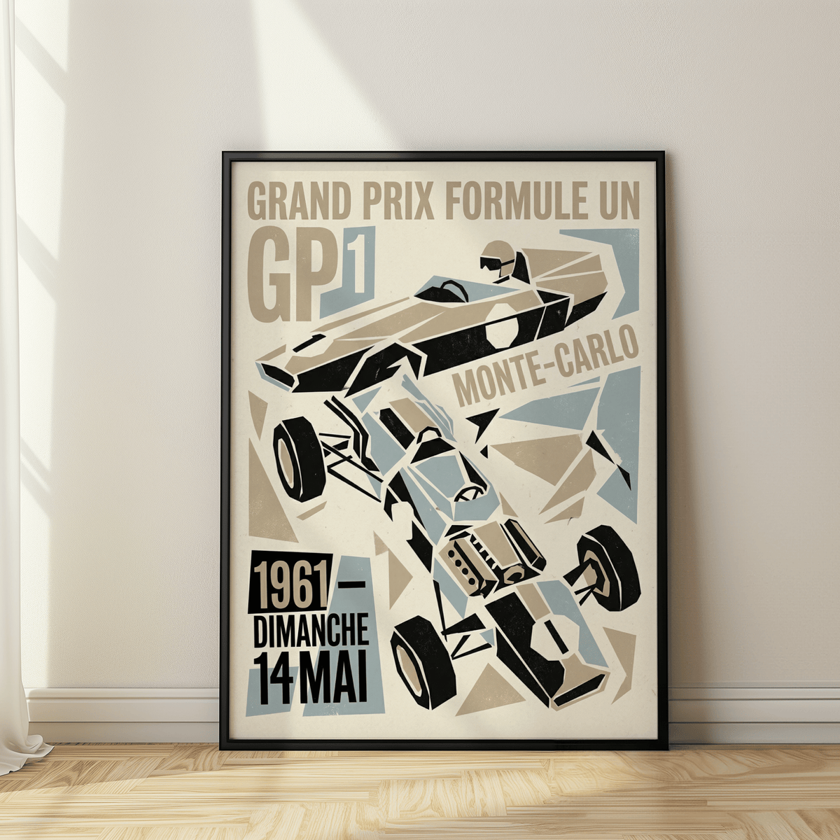 Depicting a retro Grand Prix print poster with diagonal race car and layered geometric shapes