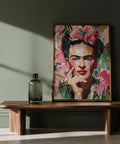 Frida Kahlo art print showing vibrant face and thoughtful hand pose.
