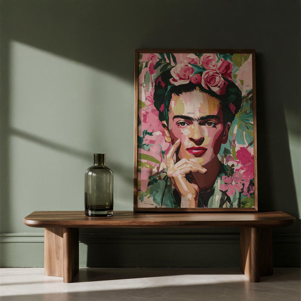 Frida Kahlo art print showing vibrant face and thoughtful hand pose.