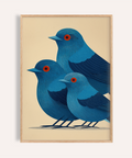 Graphic bird wall art poster with three blue birds in profile and red eyes on a beige background