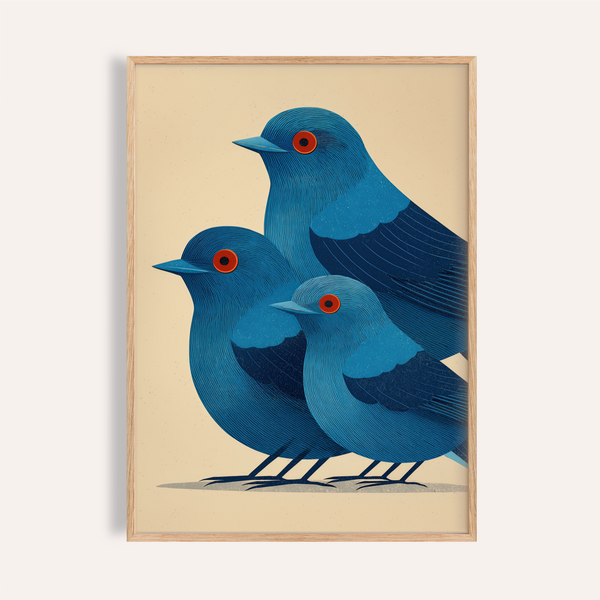 Graphic bird wall art poster with three blue birds in profile and red eyes on a beige background
