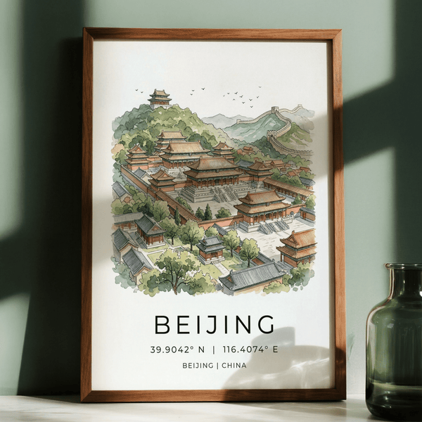 Panoramic city illustration print showing traditional buildings and a long wall on a ridge