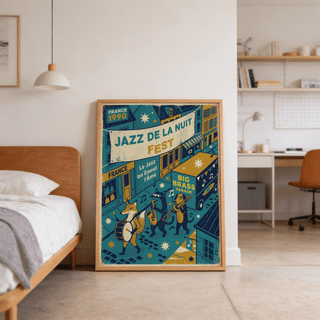 Scene detail poster print of bear playing saxophone beside the parade route