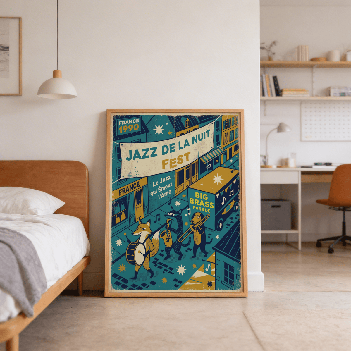 Scene detail poster print of bear playing saxophone beside the parade route
