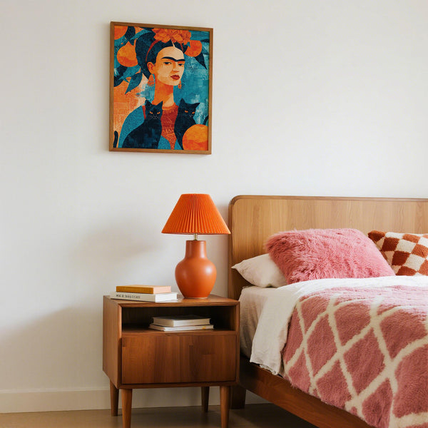 Modern Frida Kahlo cat portrait with symmetrical black cats and tropical fruit.