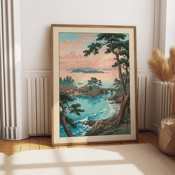 Hasui Kawase sea landscape print poster showing shoreline village, inlet bridge, and distant islands