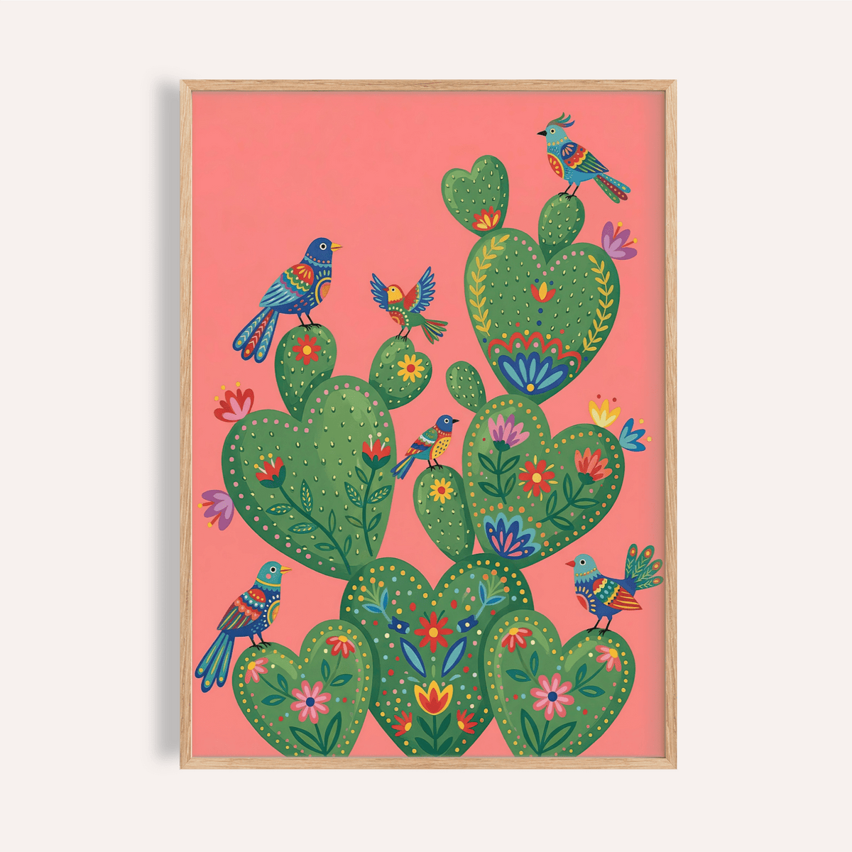 Colorful Cactus Art Print in Pink and Green for living room wall art