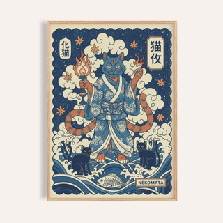 Nekomata Cat Wall Art depicting a kimono cat yokai holding a torch under cloud motifs