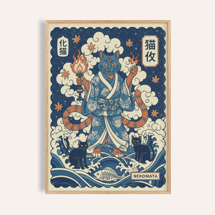 Nekomata Cat Wall Art depicting a kimono cat yokai holding a torch under cloud motifs