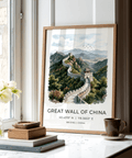 Great Wall of China Art Print landscape poster style with coordinate text