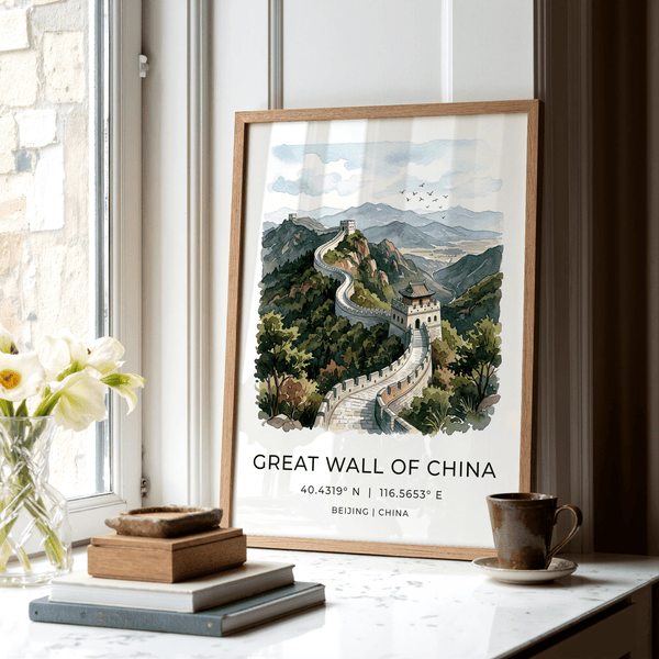 Great Wall of China Art Print landscape poster style with coordinate text