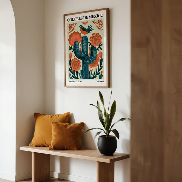 Cactus wall art showing blooming flowers and a songbird in a rustic scene.