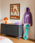 Vintage Basketball Motion Art poster featuring bouncing basketball pattern and large block lettering
