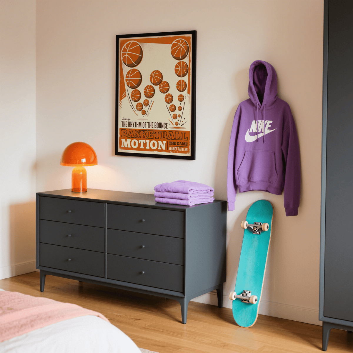 Vintage Basketball Motion Art poster featuring bouncing basketball pattern and large block lettering
