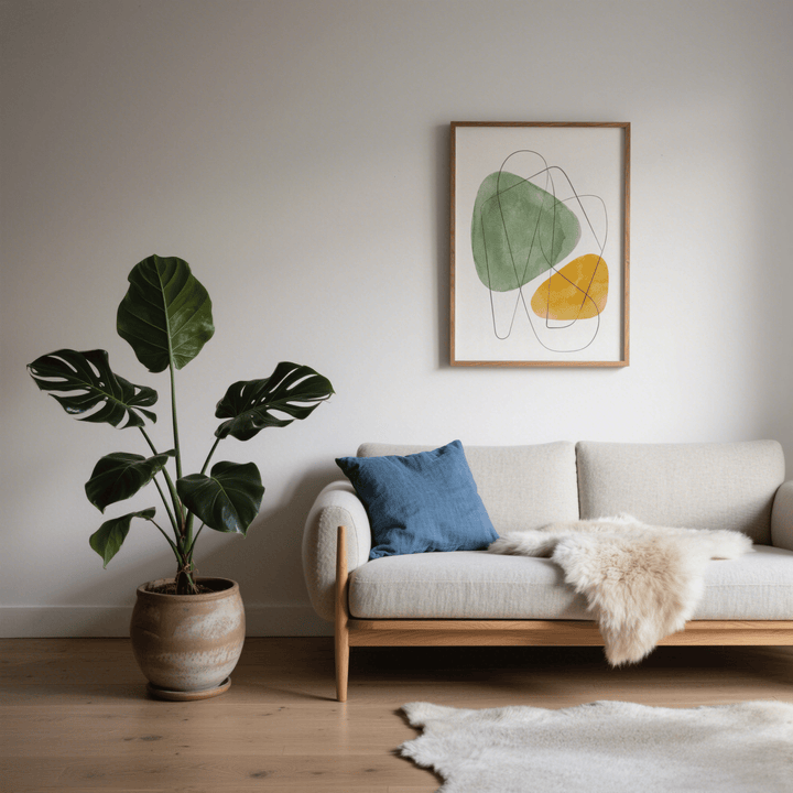 Print on a wall of abstract watercolor art with green and orange shapes above a sofa with a blue cushion