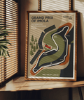 Designed as a motorsport wall art print, this Imola Grand Prix Poster features the track silhouette and corner labels