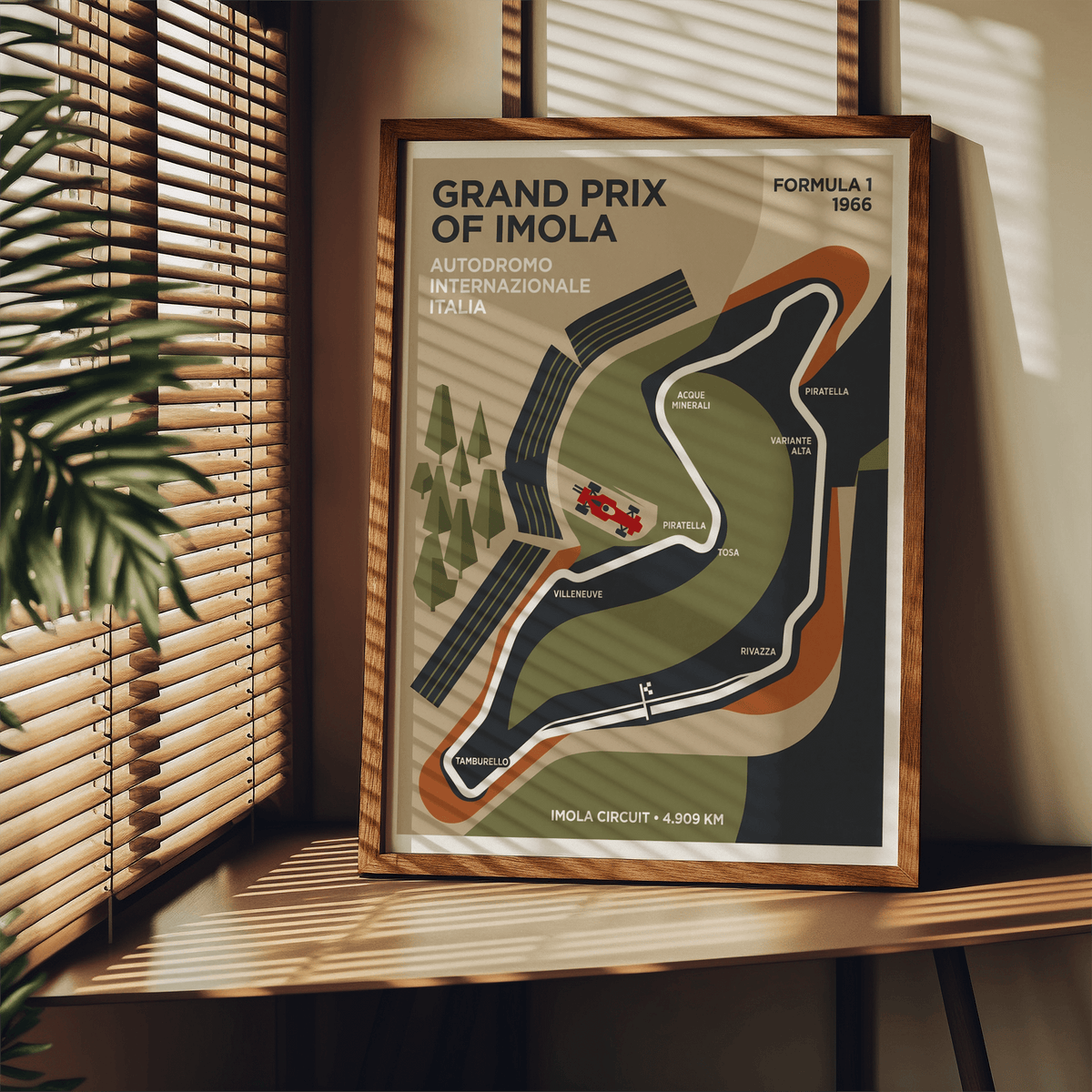 Designed as a motorsport wall art print, this Imola Grand Prix Poster features the track silhouette and corner labels