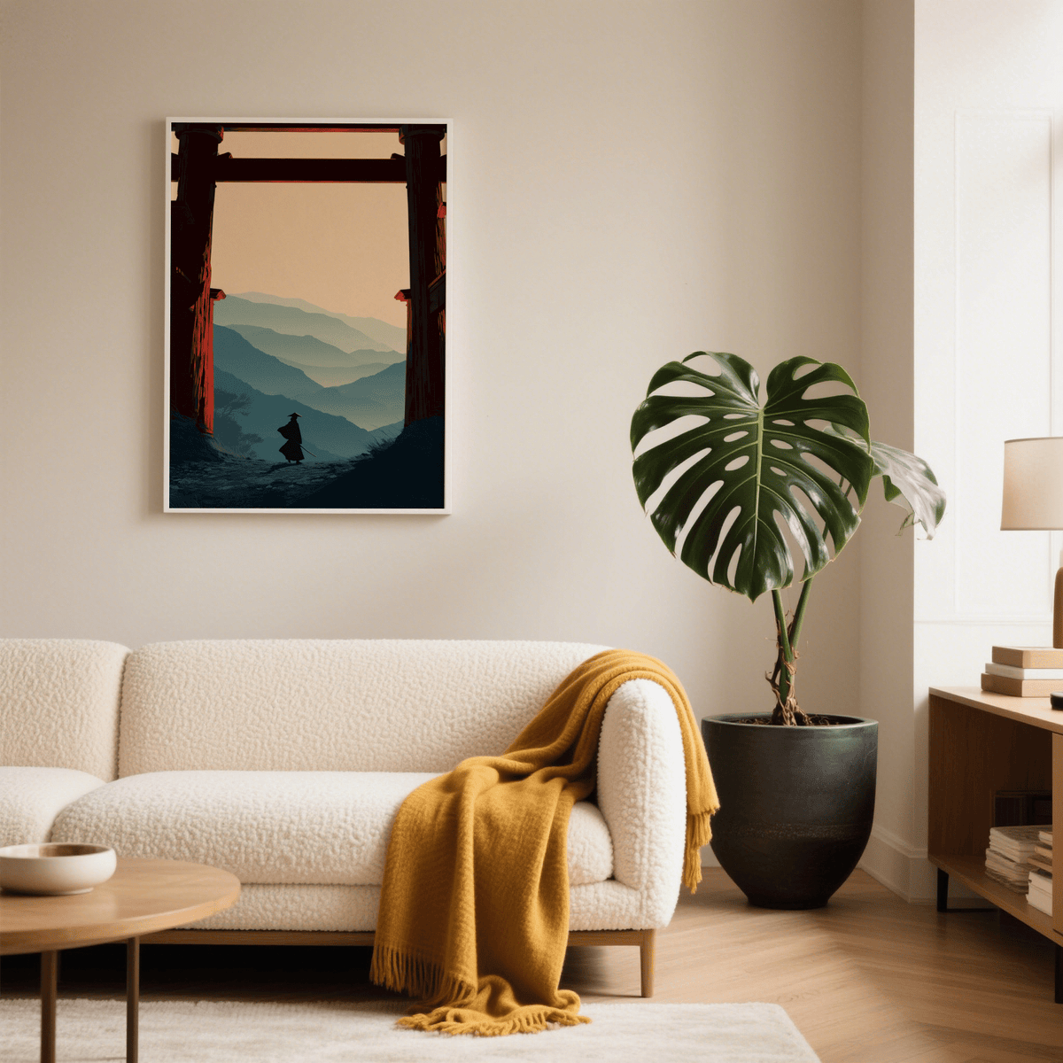 Living room view of Samurai Mountain Poster with layered mountain horizon