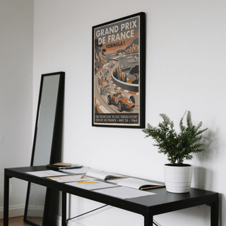 Graphic racing print with red-and-white curb detail and crowd-filled stands